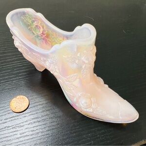 Fenton Art Glass Iridescent Pink Cabbage Rose Glass Slipper Shoe Vintage Rare